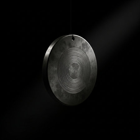 3d illustration of metal plate hanging on a rope with spotlightsの素材