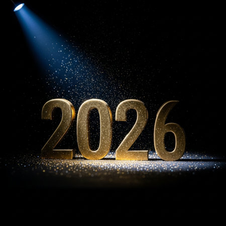 Happy New Year 2016. Golden numbers on black background with spotlightsの素材