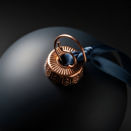 Christmas decoration with a blue ribbon on a black background. Shallow depth of field.の素材