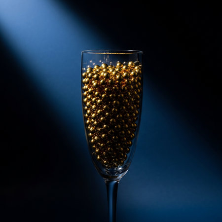 Champagne glass with golden balls on a dark blue background. Shallow depth of field.の素材