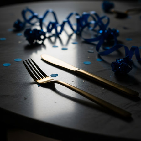 golden cutlery on a wooden table with blue confettiの素材