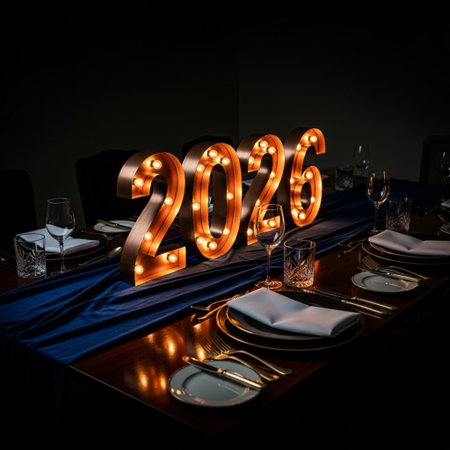 New Year's Eve table setting with lights in the form of 2016.の素材