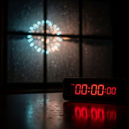 Digital alarm clock showing 10 o'clock on dark background. New year concept.の素材