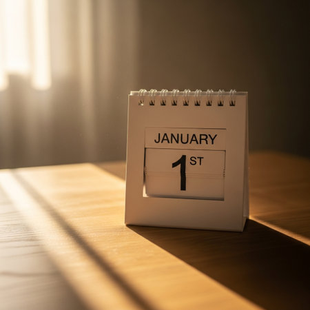 Calendar with the date of January 1 on a wooden table.の素材