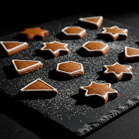Homemade gingerbread cookies in the form of stars on a black backgroundの素材