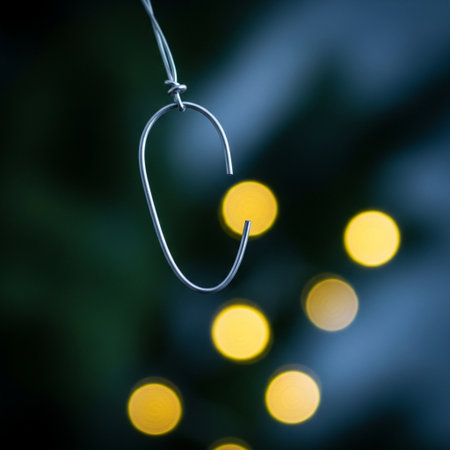 Close up of fishing hooks hanging on a tree with bokeh backgroundの素材