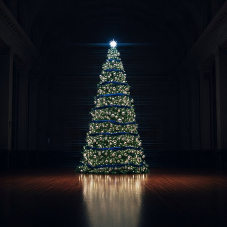3D rendering of a Christmas tree in a dark room with columnsの素材
