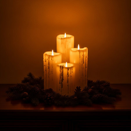 Burning candles with fir branches on a wooden table. Christmas background.の素材
