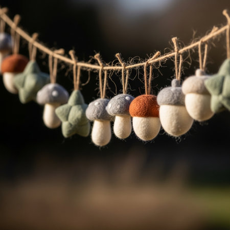 Handmade woolen knitted toys hanging on a string. Selective focus.の素材