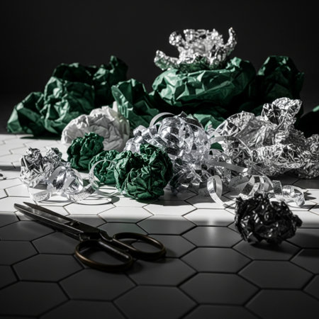 Colored crumpled paper balls and scissors on a black backgroundの素材