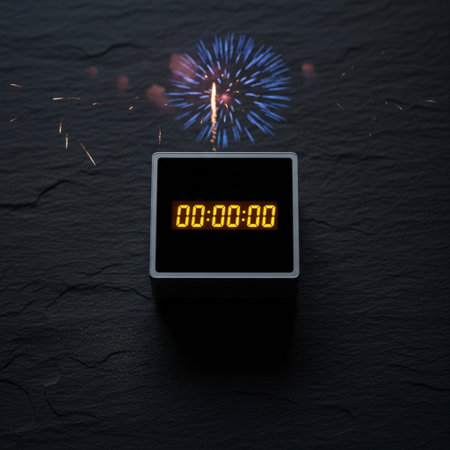 Digital alarm clock on black background with fireworks. New year countdown conceptの素材