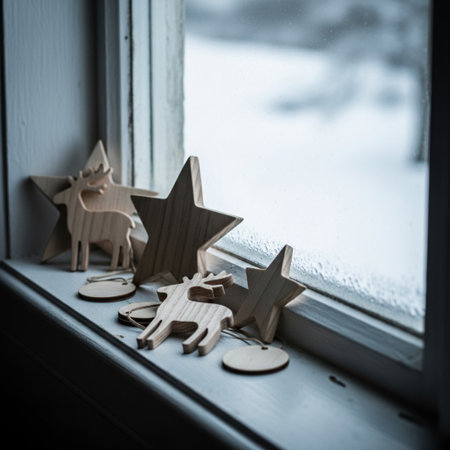 Wooden toys on the windowsill. Christmas background. Toned.の素材
