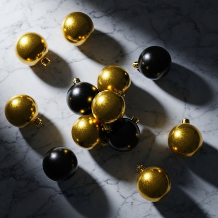 Black and gold christmas baubles on white marble background.の素材