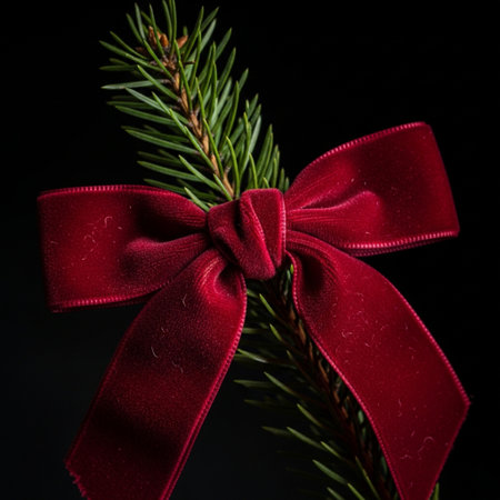christmas red bow on a branch of spruce on a black backgroundの素材