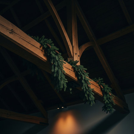 Christmas tree branches in the interior of a wooden house. Christmas decorationの素材