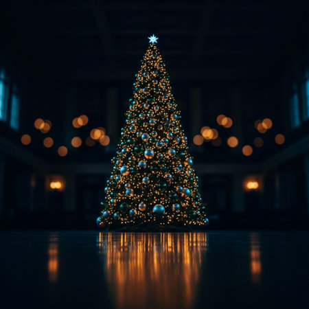 Christmas tree with bokeh lights at night. 3D renderingの素材