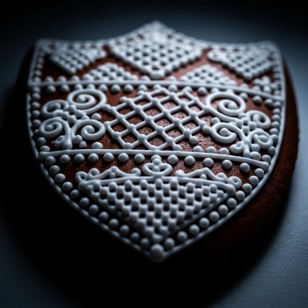 Close up of a wooden shield on a dark background. Selective focus.の素材