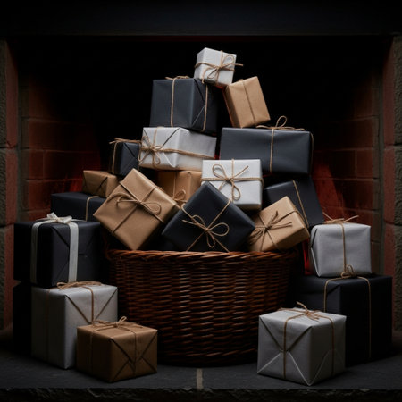 Christmas presents in a basket on a brick fireplace background, tonedの素材