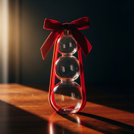 Christmas and New Year concept. Hourglass with red bow on dark backgroundの素材
