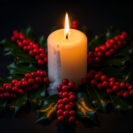 Christmas decoration with holly berries and burning candle on black background.の素材