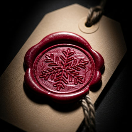Red wax seal with snowflakes on a black background. Toned.の素材