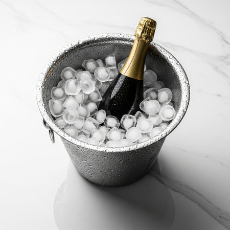Bottle of champagne in bucket with ice cubes on white marble backgroundの素材