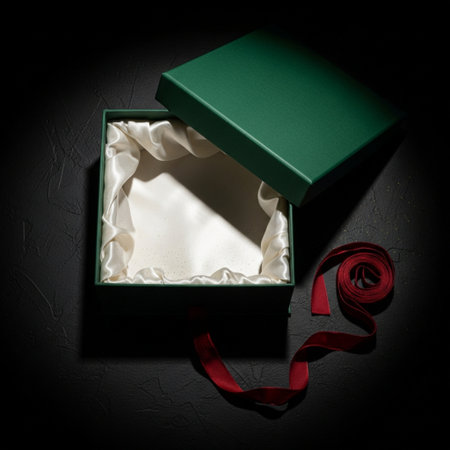 Open green gift box with red ribbon on black background, top viewの素材