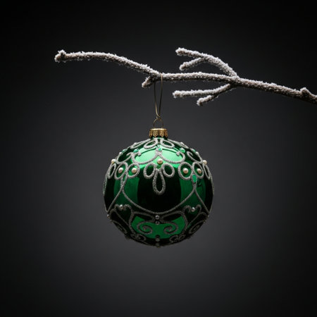 Green Christmas ball hanging on a twig on a black background.の素材
