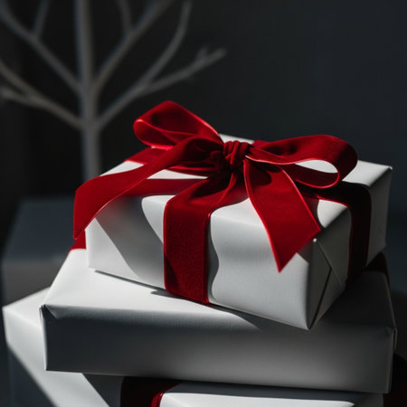 white gift boxes with red ribbons on dark background, closeupの素材