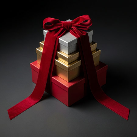 Gift boxes with red ribbons on black background, closeupの素材