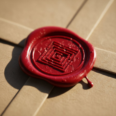 red wax seal on a wooden surface, close-up, selective focusの素材