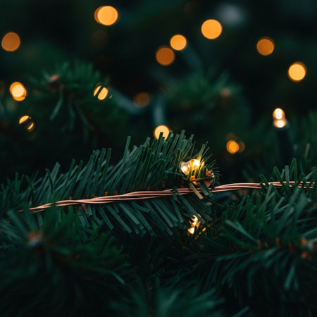 Christmas tree with lights and garland on bokeh background.の素材