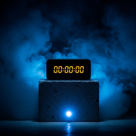 Digital alarm clock in dark room. Time concept. 3D Renderingの素材