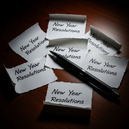 Merry Christmas and Happy New Year written on pieces of paper.の素材