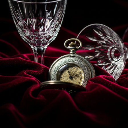 Vintage pocket watch and two wine glasses on a red velvet backgroundの素材