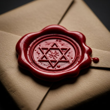 Red wax seal with the image of the Star of David on a dark backgroundの素材