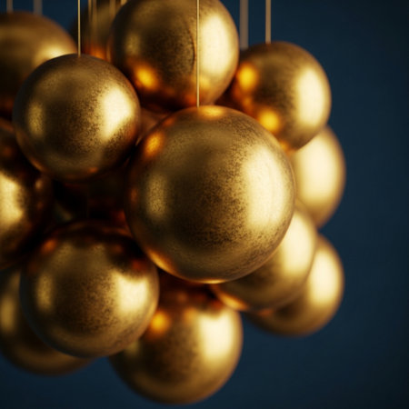 Golden Christmas balls on a blue background. 3d rendering, 3d illustration.の素材