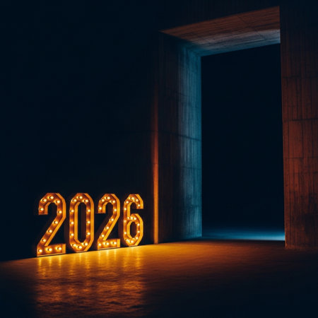 Happy New Year 2016 glowing neon sign in dark doorway. 3D renderingの素材
