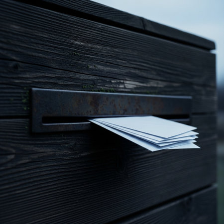 Mailbox with envelopes on a wooden surface, close-upの素材