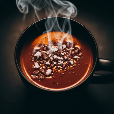 Cup of hot chocolate with steam on dark background, top viewの素材