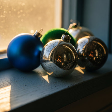Christmas ornaments on the windowsill in the morning light.の素材