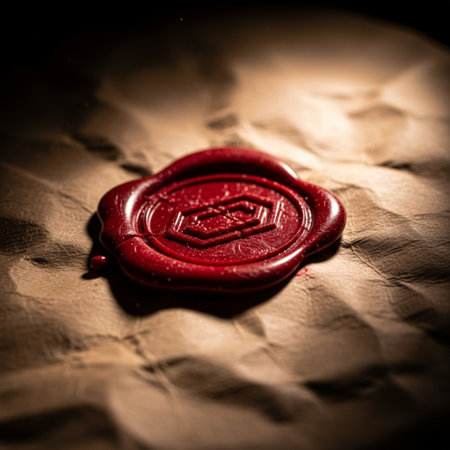 Red wax seal on a paper background. Selective focus. Toned.の素材