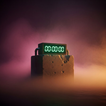 Green digital alarm clock on stone in foggy night. Time conceptの素材