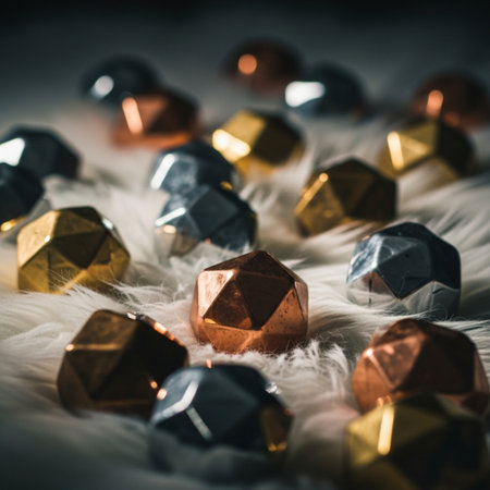 Close-up of golden, silver and bronze geometrical figures.の素材