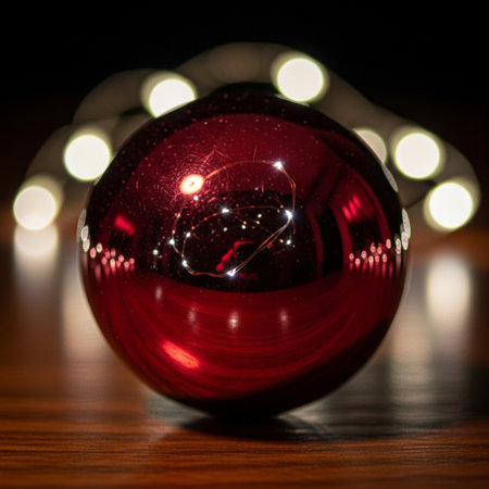 christmas ball on the wooden table with bokeh lights backgroundの素材