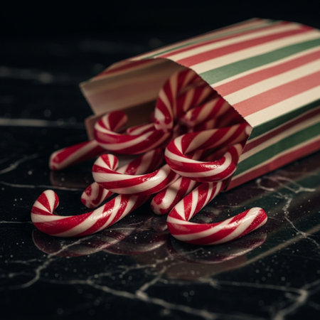 Christmas candy canes in a gift box on a black marble backgroundの素材