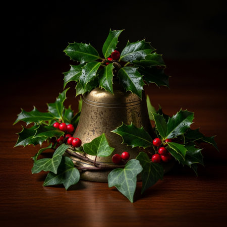 Christmas decoration with holly and bells on a dark wooden background.の素材