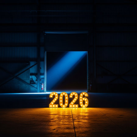 New Year 2018 sign in warehouse. 3D rendering. Neon lights.の素材