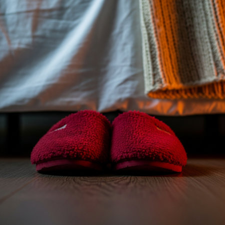 Pair of red slippers in front of a bed with a blanketの素材