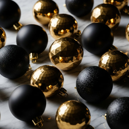 Golden and black Christmas baubles on a white marble background.の素材